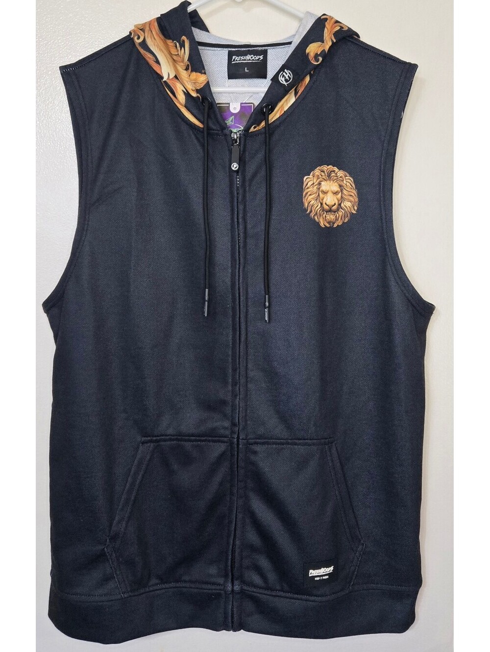 Fresh Hoods Lion Sleeveless Full Zip Hoodie Vest Men's Large NWT Black Graphic
